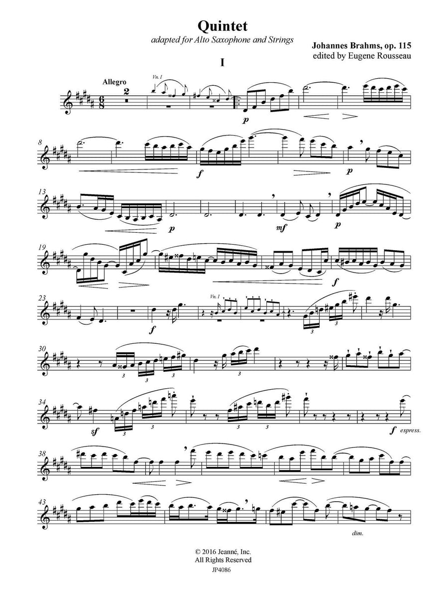 Brahms: Quintet, op. 115, Alto Saxophone and String Quartet